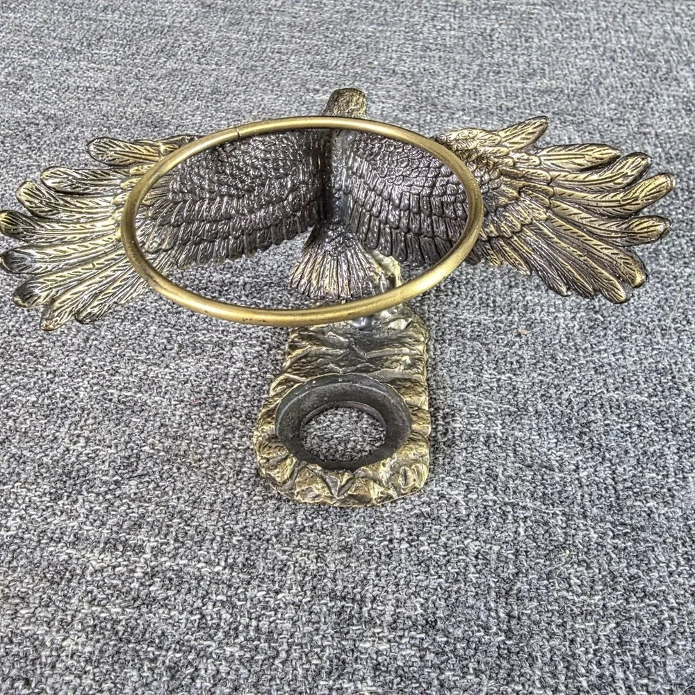 Vintage Brass Eagle Candle Holder Sphere Stand Green Gem Eyes Wingspan Figurine